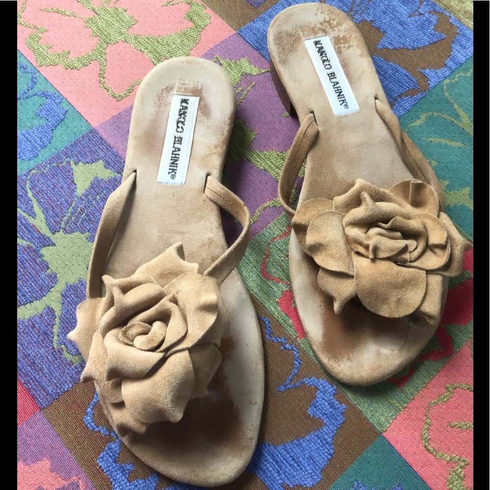 Manila Blahnik, tan suede flat sandals.